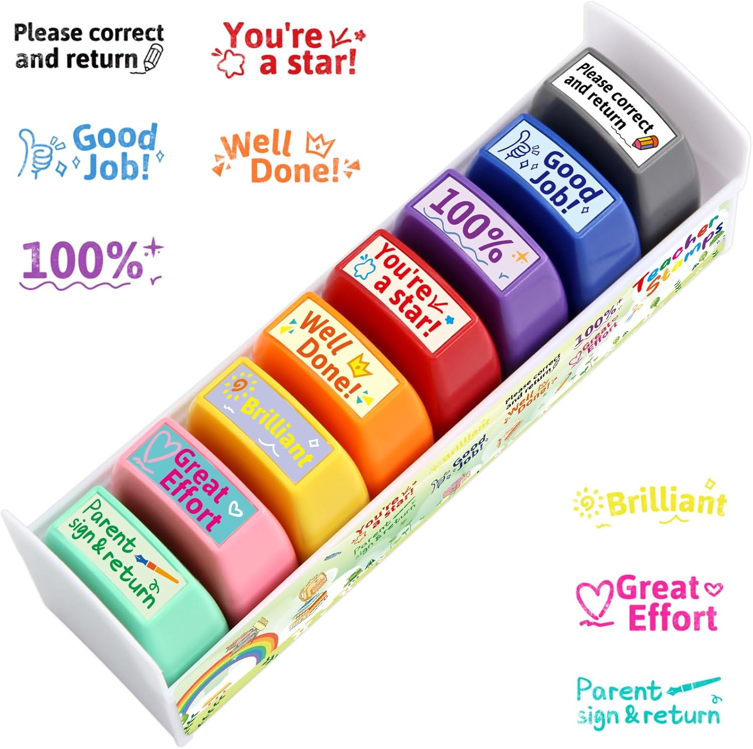 Teacher Stamps - Self Inking Motivational Encouraging and Colorful Set for School