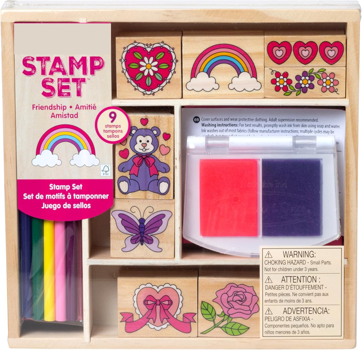 Wooden Stamp Set: Friendship - 9 Stamps, 5 Colored Pencils, and 2-Color Stamp Pad