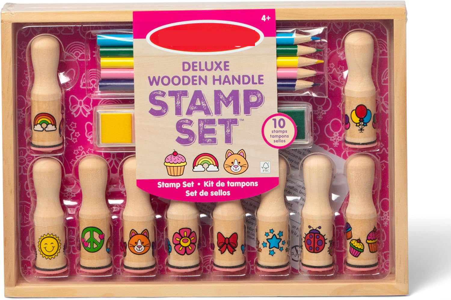 Handle Stamp Set with 10 Stamps, 5 Colored Pencils, and 6-Color Washable Ink Pad