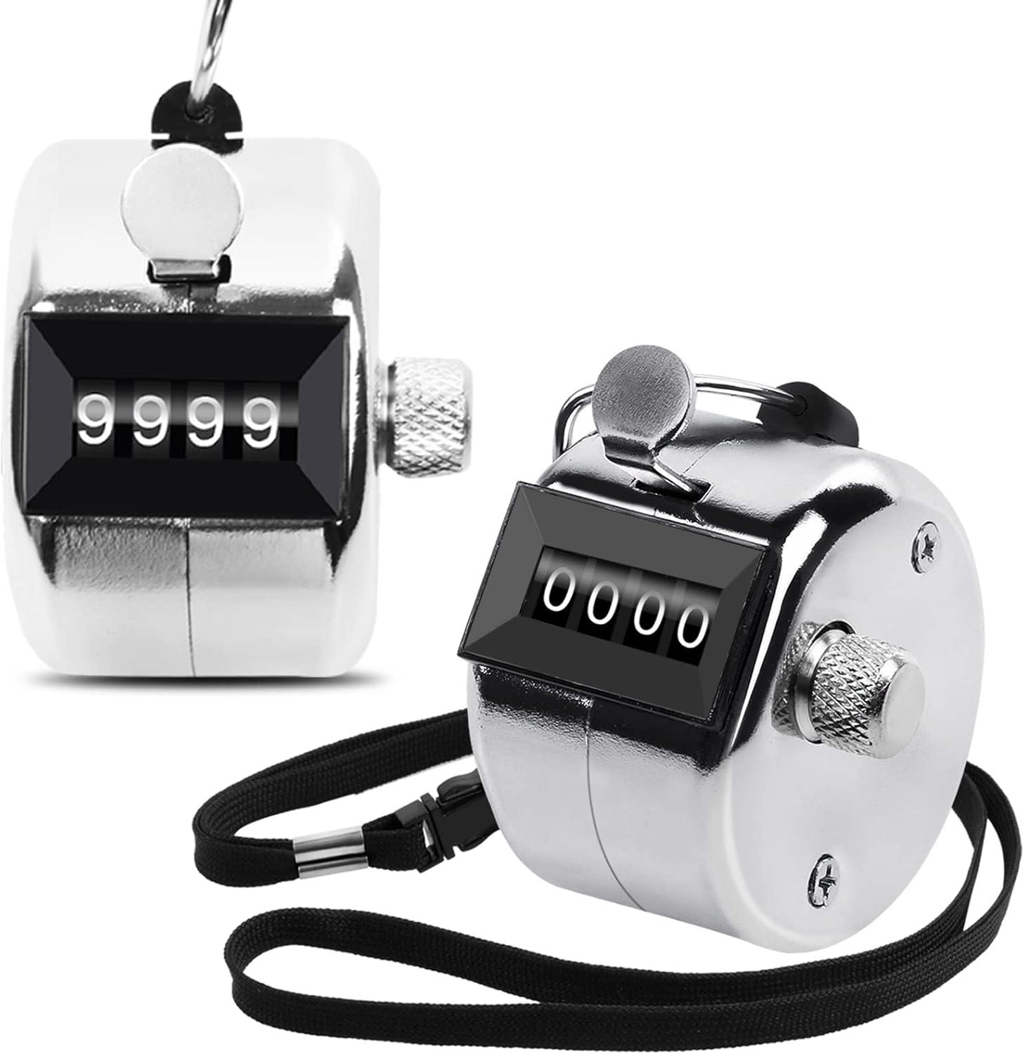 Metal Hand Counter Four-Digit Counter with Nylon Lanyard Silver Counter Click