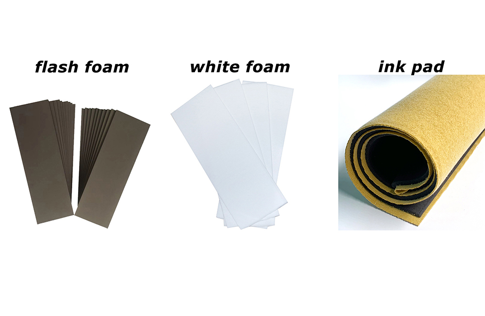  Stamp material:falsh foam,ink pad,white foam