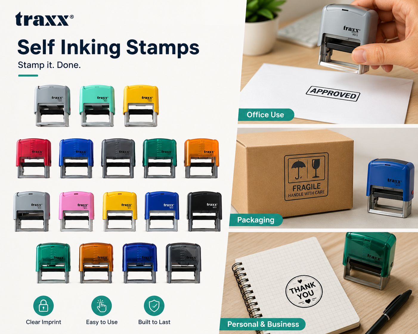 TRAXX Self-Ink Stamp offers crisp, professional impressions with every use. 