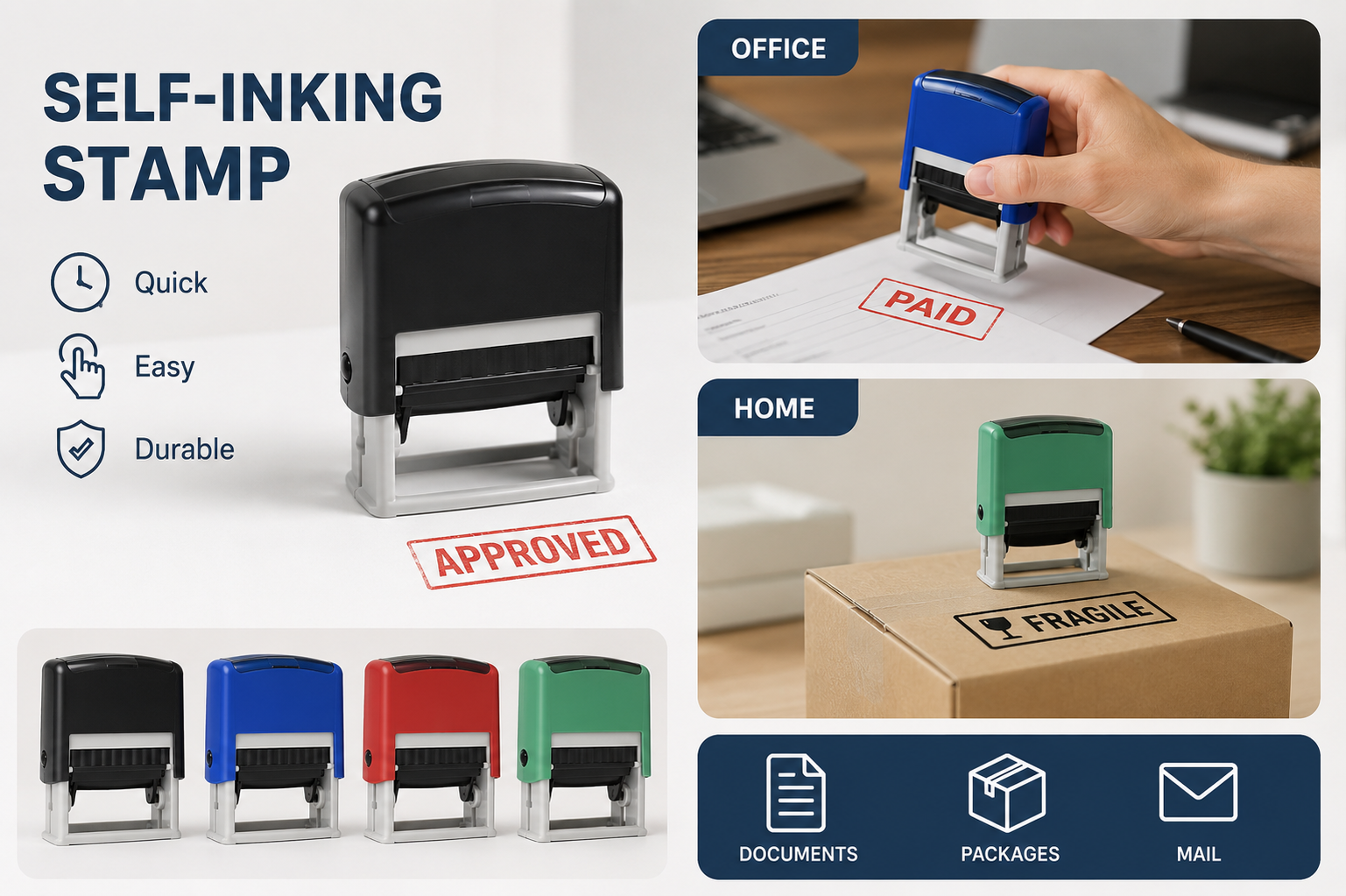 Self-Inking Rubber Stamps (Various Sizes)