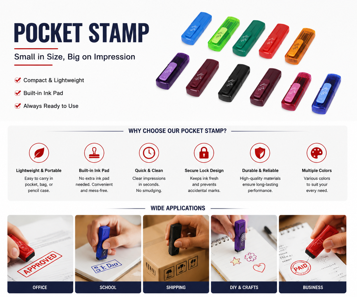 Shiny Pocket Stamp is a compact, palm-sized self-inking (or flash) stamp
